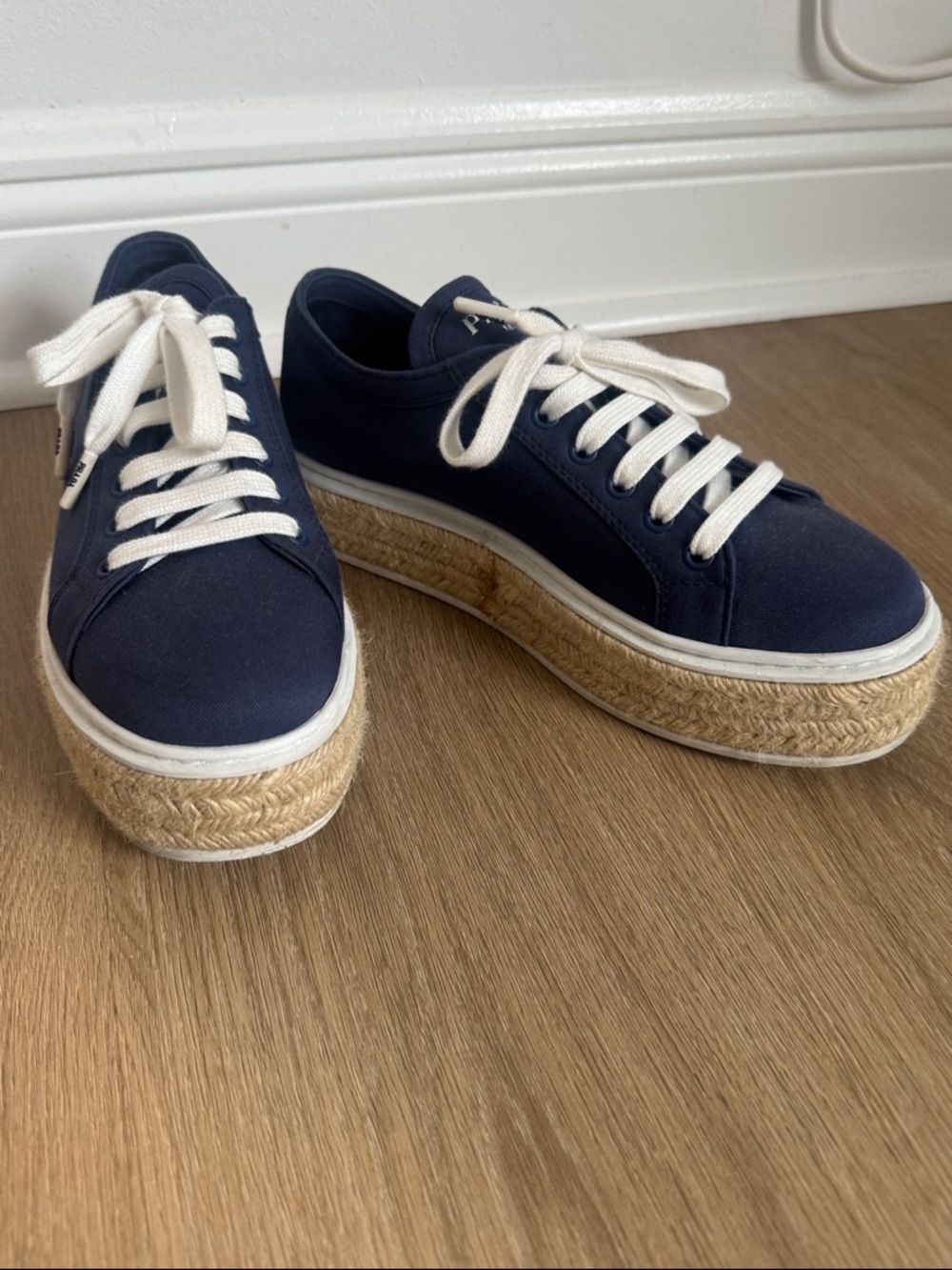 Prada Navy Canvas Platform Sneakers with White Laces